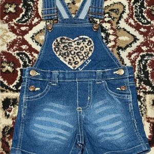 Bebe Blue Denim Kids Overalls with Leopard Heart